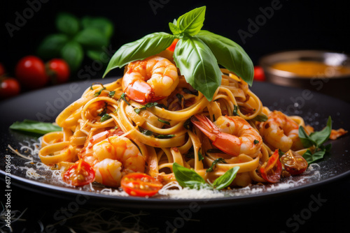 Shrimp Pasta Served On Gray Plate, Generative AI