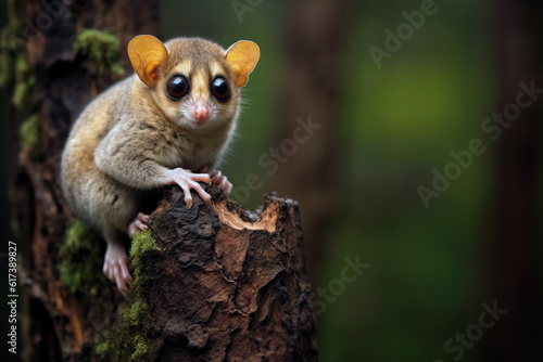 Cute Gray mouse lemur on a tree trunk. Amazing wildlife. Generative Ai