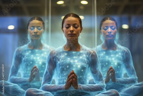 A futuristic concept of human mental health. Girl in lotus pose, yoga, halogram. eyes closed. Meditation photo