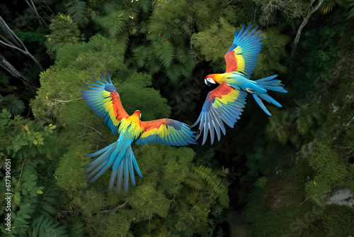 Aerial view of colorful parrots flying over rainforest. Amazing Wildlife. Generative Ai