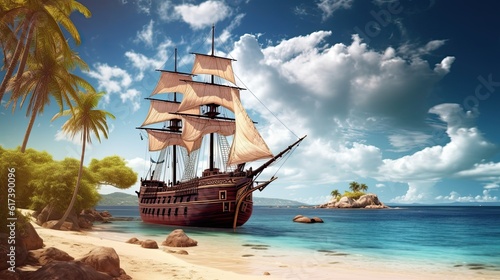 Photographie pirate sailboat ship near mystic treasure island at sunny day digital illustrati