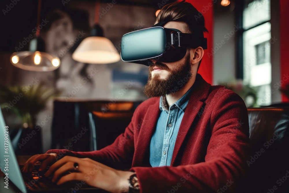 Young man using virtual reality headset. VR, future, gadgets, technology concept. generative AI Young man using virtual reality headset. VR, future, gadgets, technology concept. generative AI