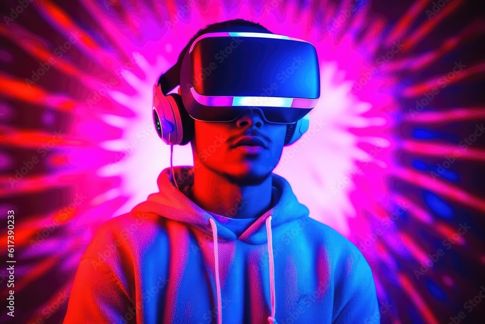 Young man using virtual reality headset. VR, future, gadgets, technology concept, isolated on glowing colorful background. generative AI Young man using virtual reality headset. VR, future, gadgets, technology concept, isolated on glowing colorful background. generative AI