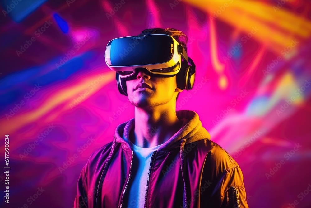 Young man using virtual reality headset. VR, future, gadgets, technology concept, isolated on glowing colorful background. generative AI Young man using virtual reality headset. VR, future, gadgets, technology concept, isolated on glowing colorful background. generative AI