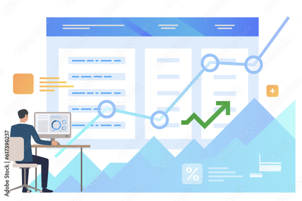 Accountant managing budget in front of huge document with chart vector illustration. Cartoon drawing of man making financial report. Budget management, finances, business concept Accountant managing budget in front of huge document with chart vector illustration. Cartoon drawing of man making financial report. Budget management, finances, business concept