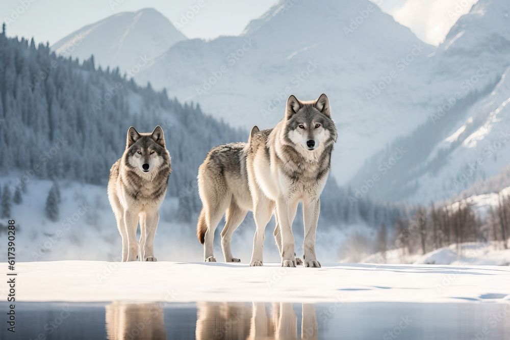 Fototapeta Wild wolf pack in a snowy forest landscape. Amazing Wildlife. Generative Ai