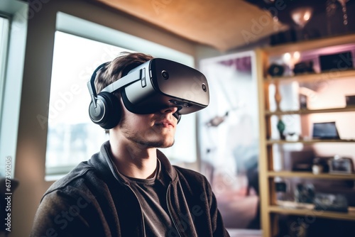 Young man using virtual reality headset. VR, future, gadgets, technology concept. generative AI © matteo