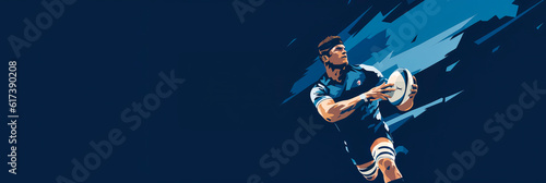 Close-up portrait of a rugby player with ball in action. Sports concept. photo