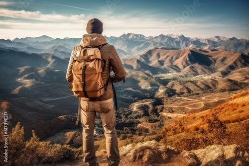 Hiker with backpack taking picture of mountain landscape. Hiking concept Rear view of hiker photographer taking photographs to a breathtaking panorama.generative AI