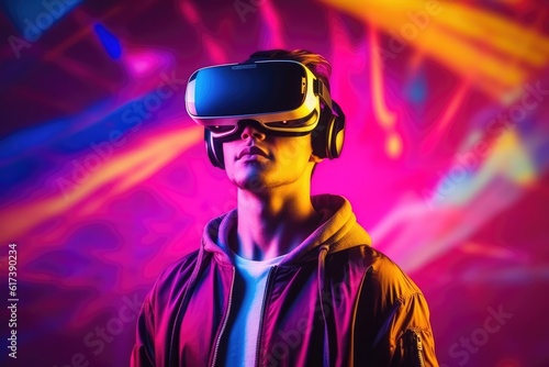 Young man using virtual reality headset. VR, future, gadgets, technology concept, isolated on glowing colorful background. generative AI