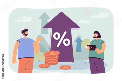 People upset with rising interest rate vector illustration. Cartoon drawing of sad man and woman, stack of coins with upward arrow with percentage sign. Inflation, recession, finances, economy concept