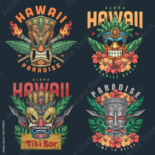 Hawaiian totems colorful set stickers