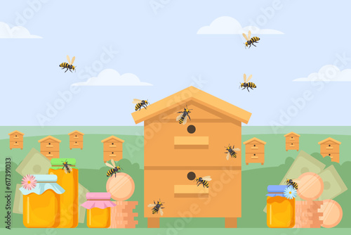 Bees flying around beehives vector illustration. Honey jars and money in piles. Collecting honey for commercial purposes. Farm produce, business, marketing concept