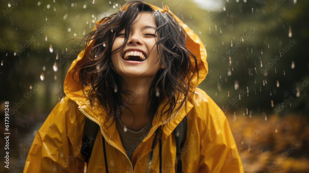 Asian woman wearing a raincoat outdoors.