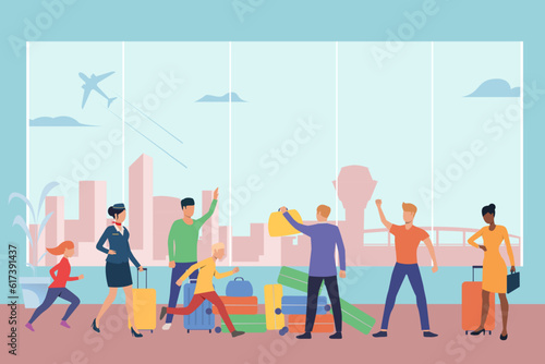 Chaos at airport due to workers protesting vector illustration. Cartoon drawing of passengers looking for baggage, pile of suitcases, problems during travel. Traveling, workforce, stress concept
