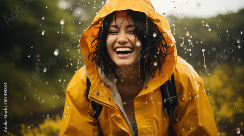 Rainy day asian woman wearing a raincoat outdoors photo