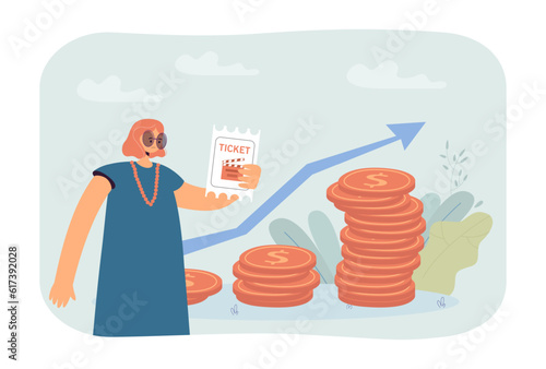 Sad woman with movie ticket at high price vector illustration. Cartoon drawing of girl and increasing stacks of coins, rising prices on films at cinema. Cinema, inflation, economy concept photo