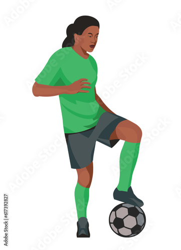 Southern African women's football girl player stands in a half-turn placing his foot on the ball © ivnas