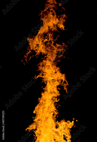Campfire with tall, bulging flames at night