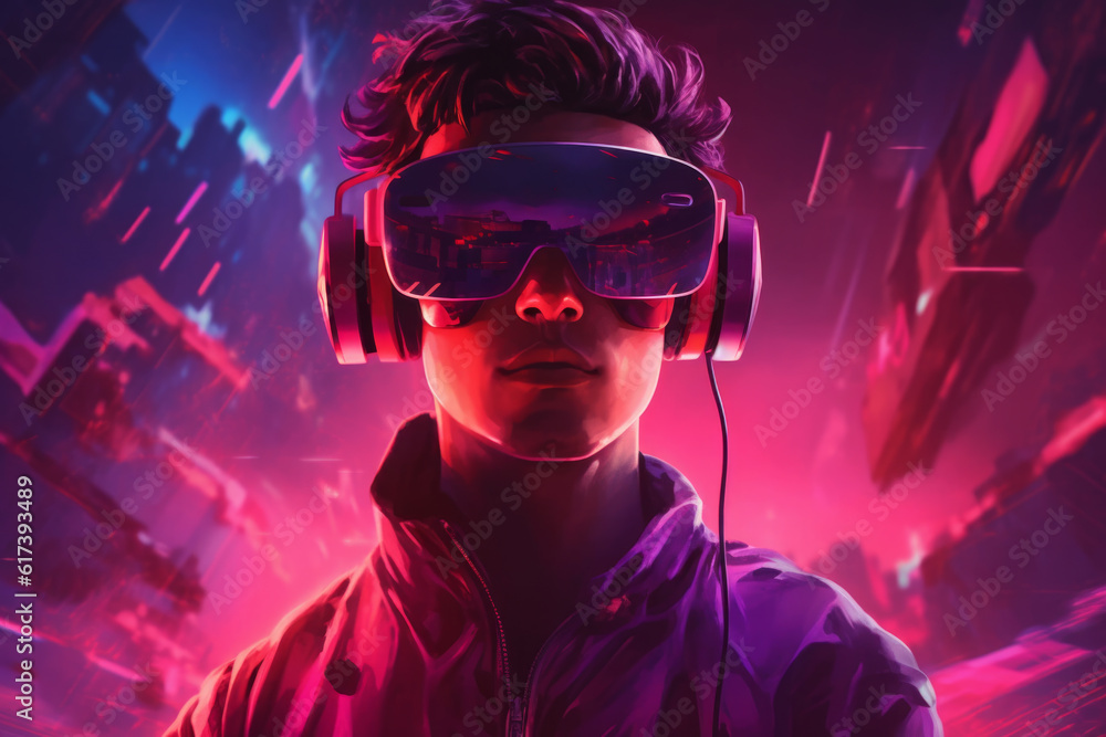 man wearing virtual reality game helmet on the background of neon light man wearing virtual reality game helmet on the background of neon light