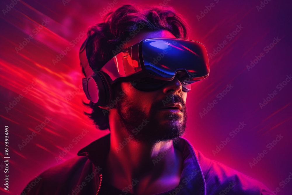 man wearing virtual reality game helmet on the background of neon light man wearing virtual reality game helmet on the background of neon light