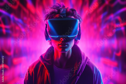 man wearing virtual reality game helmet on the background of neon light