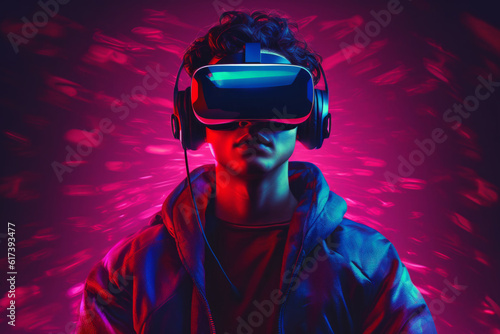 man wearing virtual reality game helmet on the background of neon light