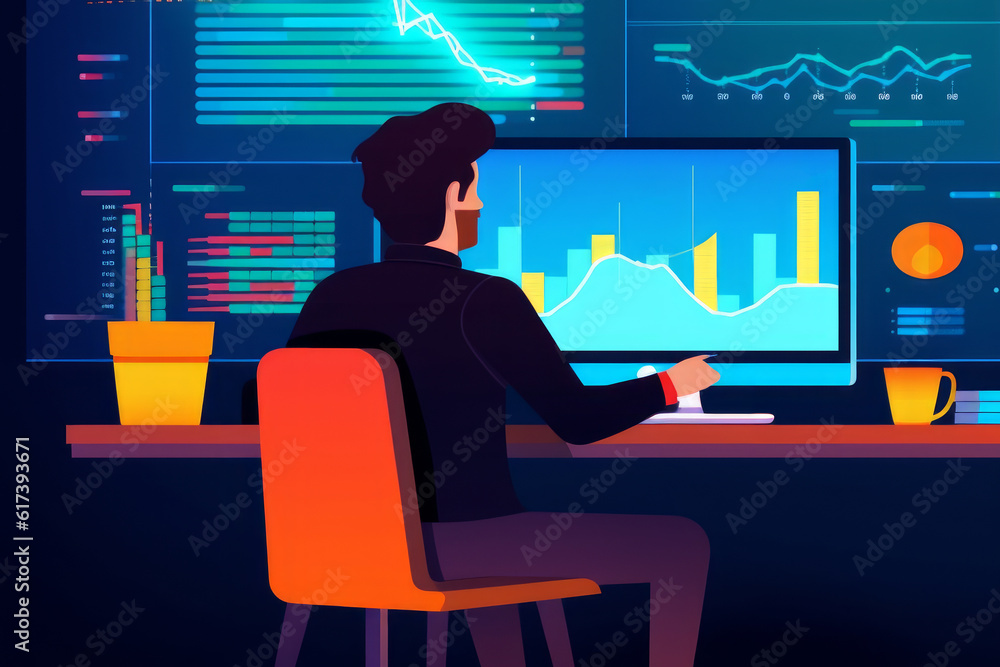 business man on a computer is watching a stock chart, looking at graphs business man on a computer is watching a stock chart, looking at graphs