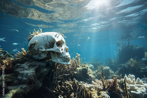 Fototapeta Naklejka Na Ścianę i Meble -  Dead corals with a human skull on top. Dead coral reef in the warming ocean. Climate change is destroying coral reefs and humanity around the world. Generative AI.