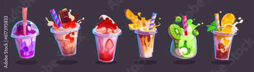 Milk tea bubble ice cup drink vector illustration. Pearl boba smoothie food illustration with splash, sugar and straw isolated icon for menu design. Popular thai cocktail with strawberry and chocolate