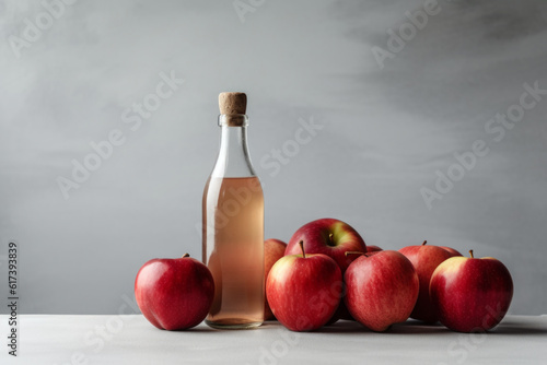 apple cider bottle with apples on the table on white background