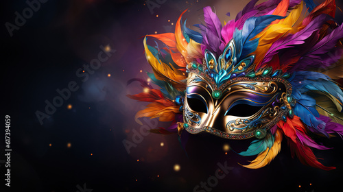 Vibrant Carnival Celebration Multicolored Mask Banner with Text Space. created with Generative AI