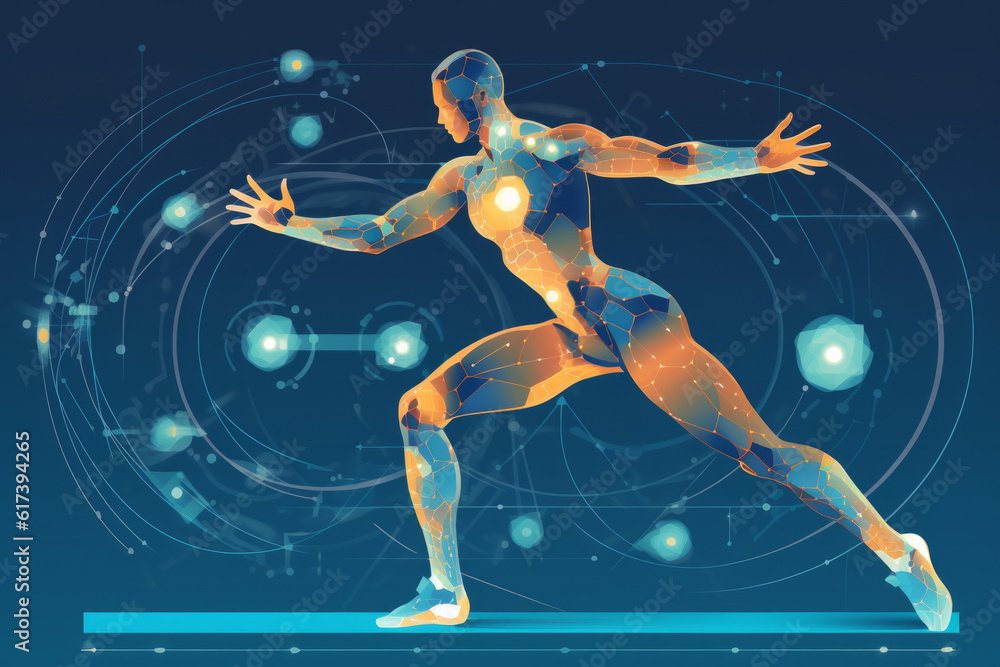 3d human body with light and abstract geometrical elements animated running human figure, medical and robotic technology the power of the cloud