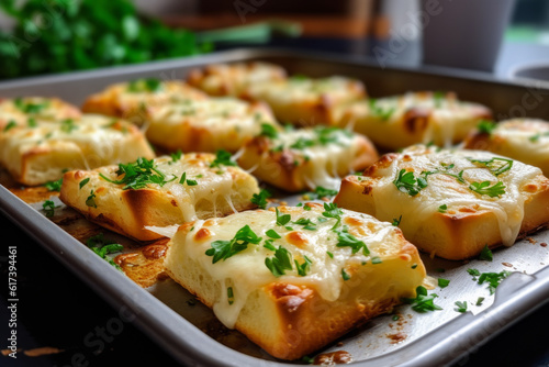cheesy potato breads with parsley on a baking sheet, bread cubes with parmesan cheese and parsley © vefimov