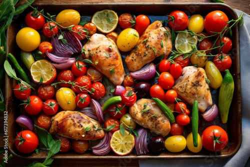 chicken marinated in tomatoes, tomato sauce and herbs in the form of a baking dish photo