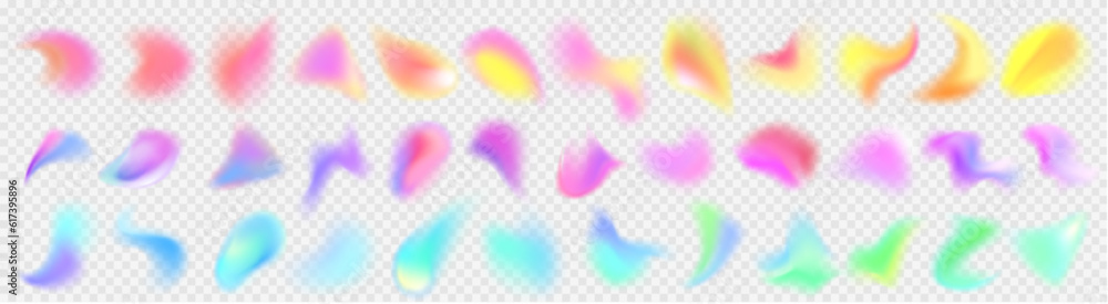 Holographic abstract blur spot. Vector 3d chameleon y2k aura shape gradient texture. Soft geometric blend graphic design isolated set. Pastel fluid paint colorful blurry dynamic brush stroke glow