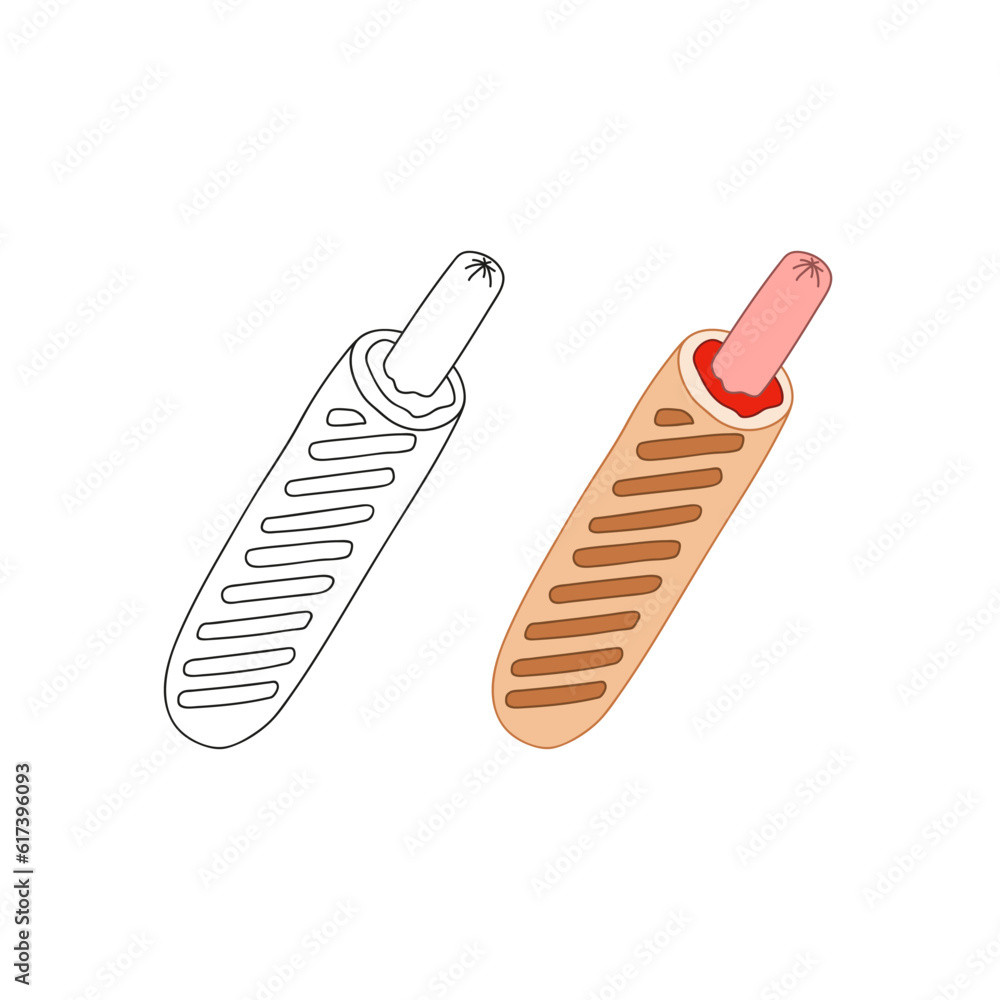 Color and black and white linear image of French hotdog. Fast food sketch food. Graphic menu symbol. Vector illustration in a doodle style. Color and black and white linear image of French hotdog. Fast food sketch food. Graphic menu symbol. Vector illustration in a doodle style.