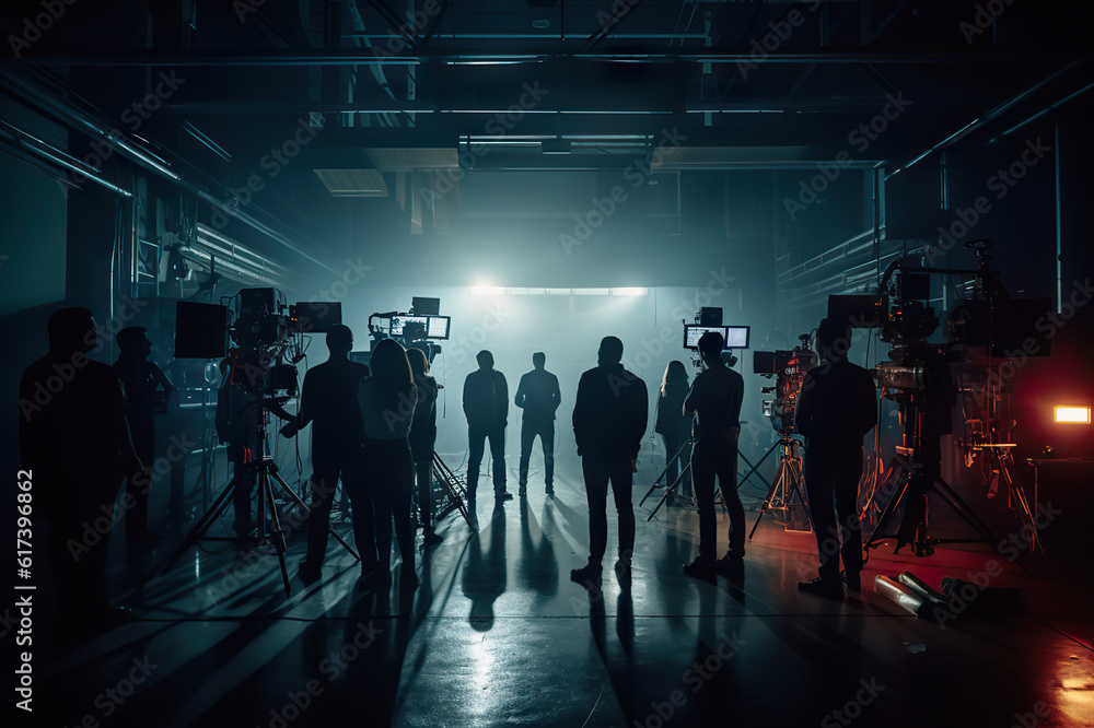 group of people standing in a room with a stage and lights. created ...