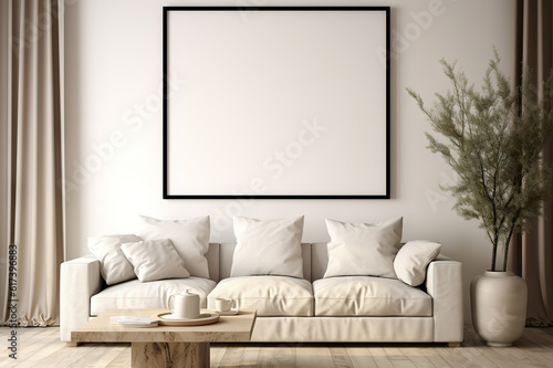 Modern Living Mockup Poster Frame in Scandinavian Style Living Room Interior. created with Generative AI