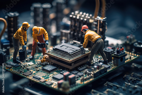 Technician Team Figurines Conducting Computer Motherboard Maintenance, Embracing the Potential of Generative AI Technology. created with Generative AI