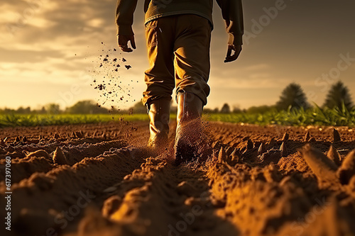 Illustration of an Old Farmer Walking on Crops Field Soil, Celebrating Career and Lifestyle. created with Generative AI