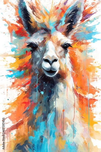 llama  form and spirit through an abstract lens. dynamic and expressive lama print by using bold brushstrokes, splatters, and drips of paint. llama raw power and untamed energy © PinkiePie