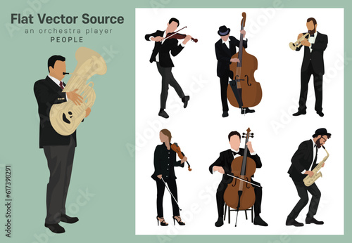 a collection of silhouettes of members of the orchestra who play musical instruments and enjoy the beat and jazz