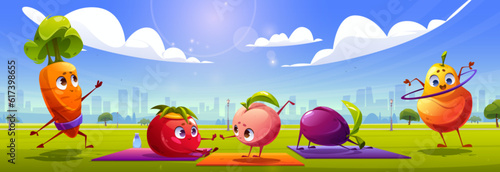 Cute kawaii fruit and vegetable doing yoga in city park. Vector cartoon illustration of carrot, tomato, peach, plum, pear characters stretching, working out on mat in green garden. Healthy lifestyle