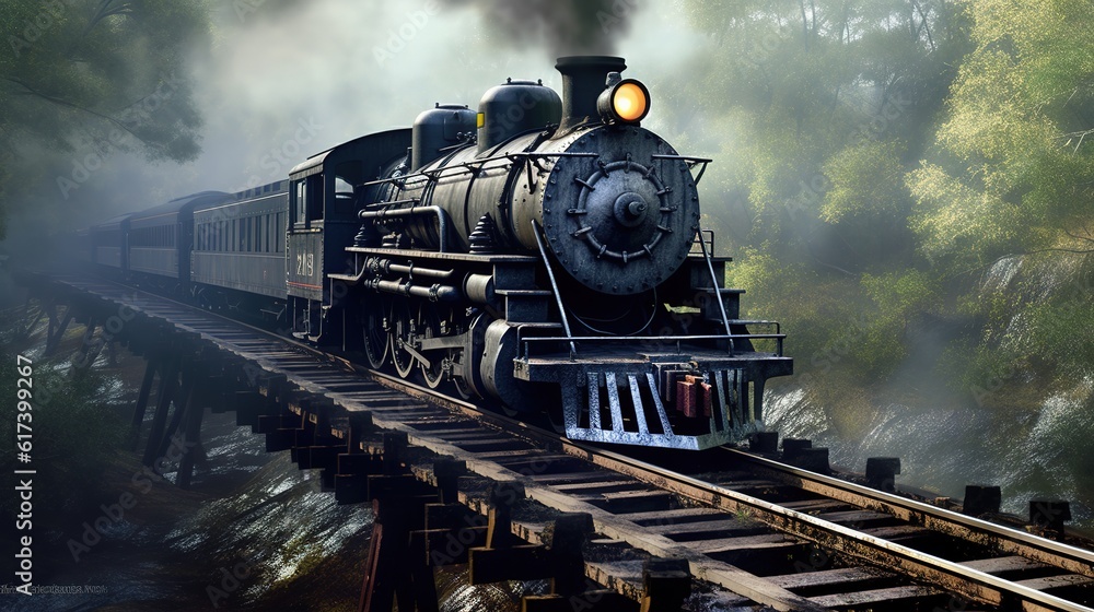 Naklejka premium Classic steam locomotive train engine on track generative ai