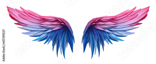 Beautiful realistic symmetrical angel wings. Pink blue wings with detailed feathers. Generative AI png with transparent background, clipart.