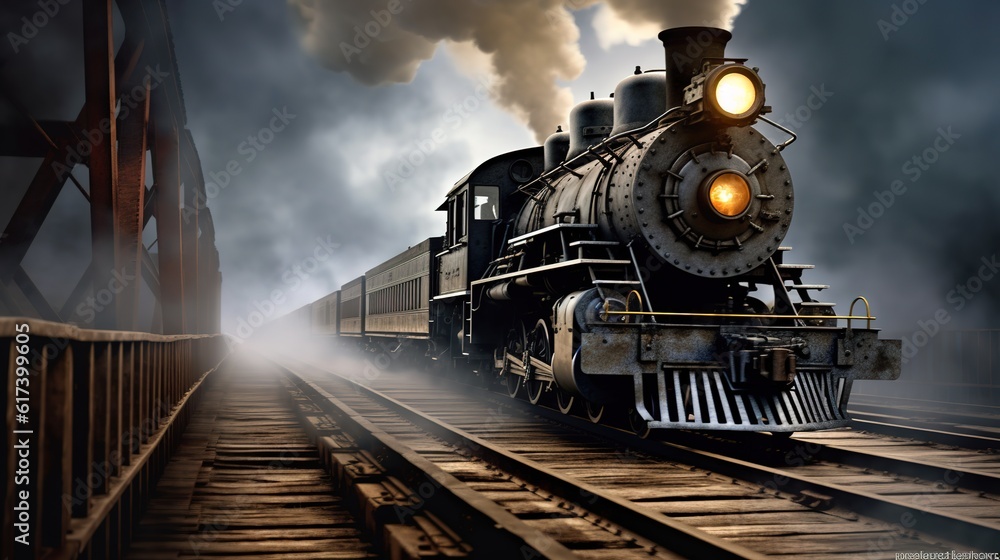 Naklejka premium Classic steam locomotive train engine on track generative ai