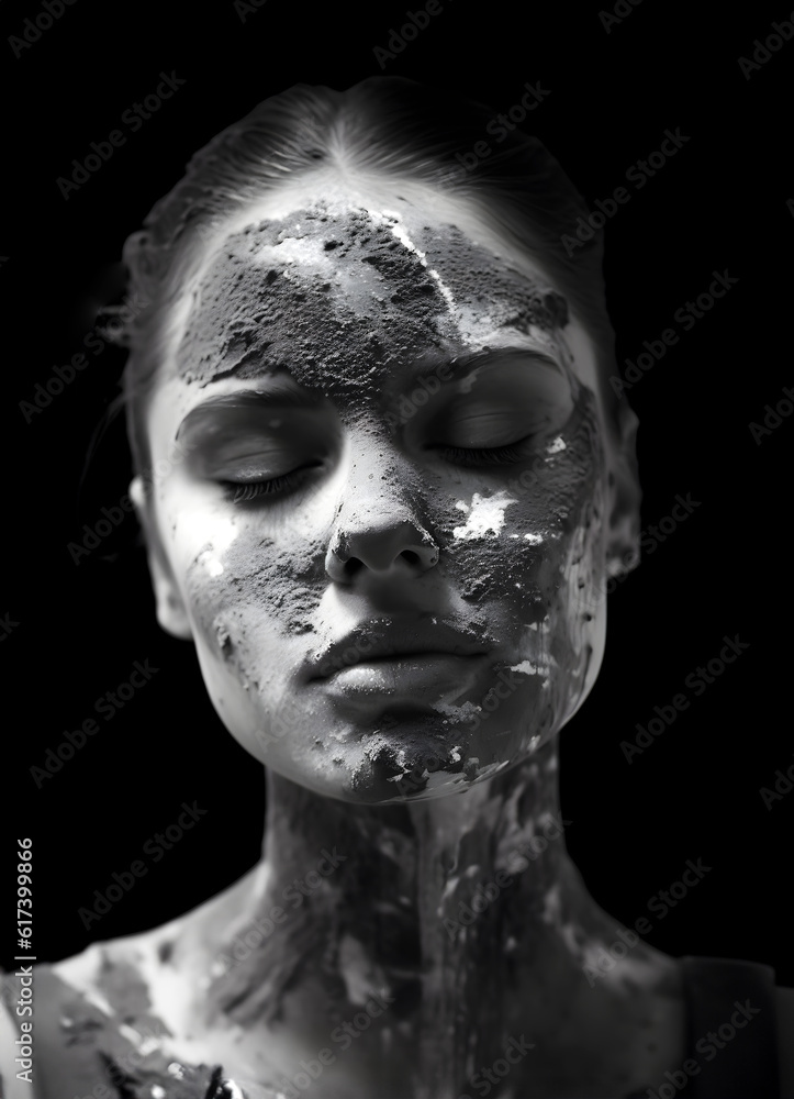 Fashion Concept. Closeup portrait of stunning beautiful woman girl stain in clay mud dripping. illuminated with dynamic composition and dramatic lighting. sensual, mysterious, advertisement, magazine