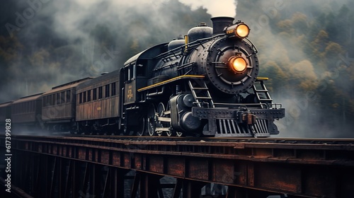 Classic steam locomotive train engine on track generative ai