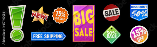 Colorful set of sale stickers isolated on black background. Vector realistic illustration of wrinkled exclamation mark, star, round, rectange, rhombus shape discount, price off, free shipping offer